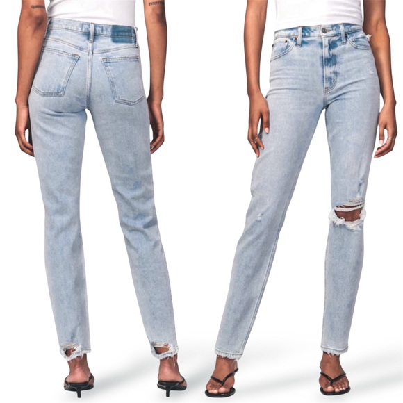 Abercrombie High Rise Mom Jean Distressed Light Destroy Wash - Picture 1 of 12